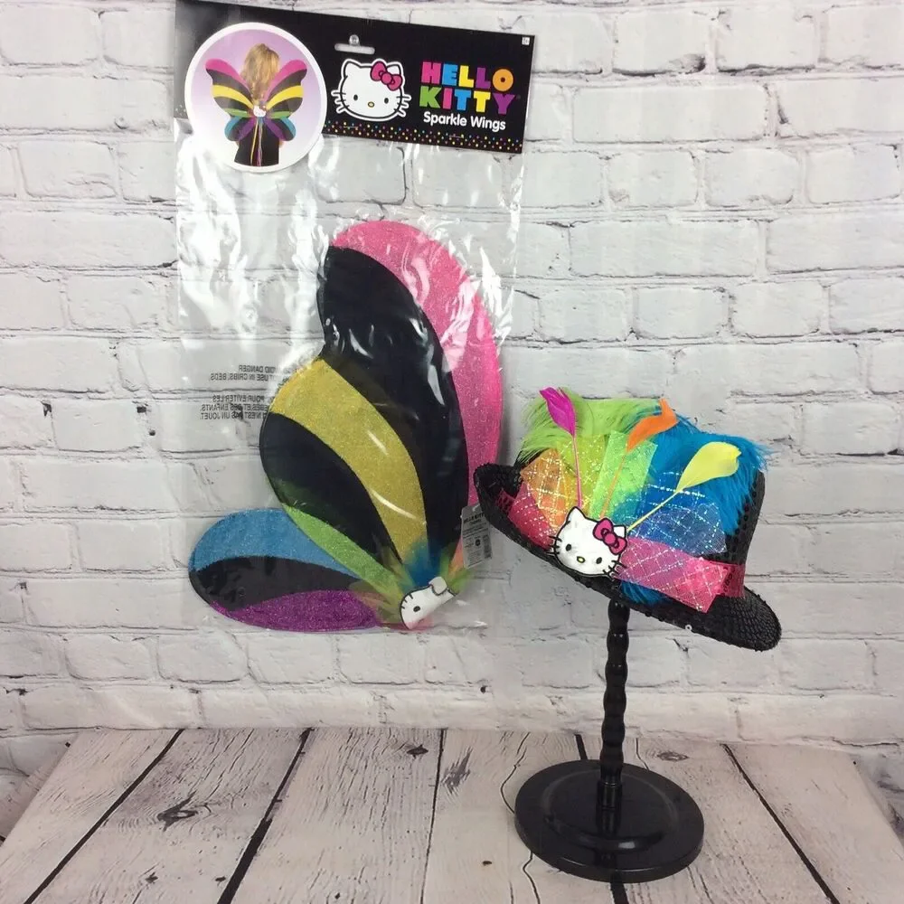 Hello Kitty Childs Black Sequined Fedora & Rainbow Sparkle Wings Cosplay Costume